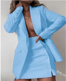 Women's Sexy Mini Skirt Suits 2 Pcs Formal Business Outfits Long Sleeve elegant blue color Blazer Jacket Sets oversized Uniforms Office coat for Ladies