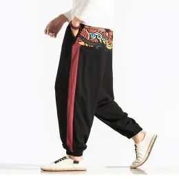 Pantaloni 2022 Pantaloni da uomo in lino a gamba larga Pantaloni stile harem da uomo Elastico in vita Stampa allentata con cavallo basso Pantaloni da uomo Casual Hip Hop Street Cross