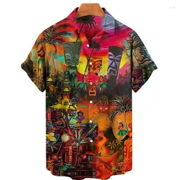 Mens Casual Shirts Polynesia Tiki 3D Print Blues för män kläder gud staty grafisk strand hip hop hawaiian kort ärm pojke y2k -knapp