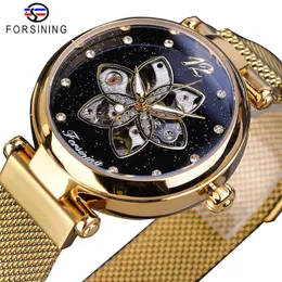 Forsining Neue Ankunft Mehanical Frauen Uhr Top Marke Luxus Diamant Gold Mesh Wasserdichte Weibliche Uhr Mode Damen Watches220r