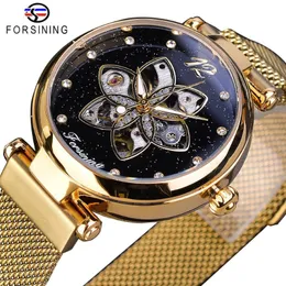 ForSining New Arrival Mehanical Womens Watch Top Brand Luxury Diamond Gold Mesh Waterproof Female Clock Fashion Ladies Watches220r