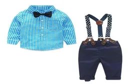 Baby Boy Clothes Spring Newborn Baby Sets Infant Kids Clothing Gentleman Suit Plaid Shirt Bow Tie Suspend Trousers 2pcs Suits6190628