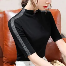 Koszule damskie 2024 Jesienna moda Czarno-kontrastowa koszulka z średniego rękawu splicowany bawełniany bawełniany dno