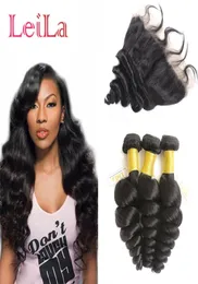 Malaio barato extensões de cabelo virgem humano pacotes de onda solta com laço frontal 13 x 4 tramas de cabelo de fechamento com frontal 4 peças2457092