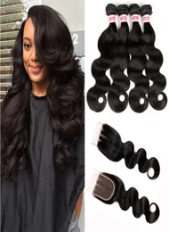 HC hår obearbetat 4 buntar Brasiliansk kroppsvåg med spetsstängning Brazillian Body Wave Hair Wefts Bunds med stängningar HC Hair 6313135