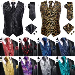 Hitie Black Men Silk Vest Paisley Jacquard Slitte Hankerchief Cufflinks Sets Male Sleeveless Vneck Waistcoat Business Formal 240228