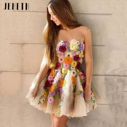 Jeheth Champagne Strapless Flowers Tulle Mini Prom Homecoming Dress Exquisite Sweetheart a Line Invined Party Graduation Gown 240227