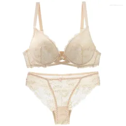 Bras set 2024 Sexig uppsättning broderi spets blommor push up underkläder för kvinnor vit svart blå rosa röd beige bcde cup underkläder