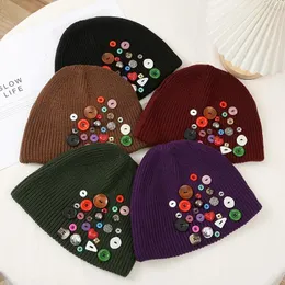 Berets Knitted Cap Winter Warm Hip Hop Sweater Hat Colorful Button Decoration Fashion Ear Guard Beanies For Women
