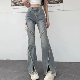 Kvinnors jeans bootcut med sidoband med hög midja blossade hem rippad remdekor lapptäcke detalj streetwear lång