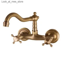 Bathroom Sink Faucets Pot style faucet antique brass wall mounted kitchen bathroom sink faucet with dual handle swing spout hot and cold water faucet Q240301