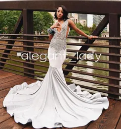 Silver Diamond Long Sukienki dla kobiet 2024 Blask Black Girl Crystal Mermaid Evening Gala Gowns