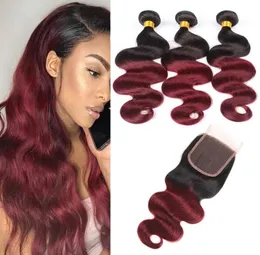 Brazilian Virgin Hair 1B99J Body Wave 3 Bundles With 4X4 Lace Closure 4 Pieceslot 1B 99j Body Wave Hair Wefts With Closure Middl3057644