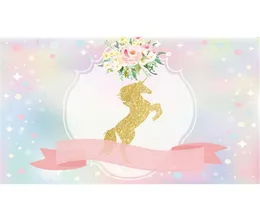Gold Unicorn Birthday Party Pography Backdrop Pink Ribbon Digital Printed Flowers Bokeh Baby Shower Po Background for Studio1851695