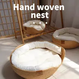 Mats Hanpanda Summer Round Straw Weaving Dog Bed Pet Löstagbar korg Djup Soep Soffa Pet Kennel Handvävd bokkorgar för Dogcat