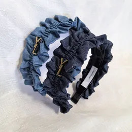 Damen-Designer-Stirnbänder, neues High-End-Haarband aus plissiertem Stoff im Denim-Stil, Boutique, breites, blaues Stirnband, Frühlingsgeschenk, Haarschmuck-Design für Mädchen