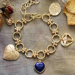 Charm Bracelets Luxe Gold Plated Heart Chunky Chain Link Bracelet Natural Stones Lapis Women Teengirl Birthday Jewelry Gifts Wholesale