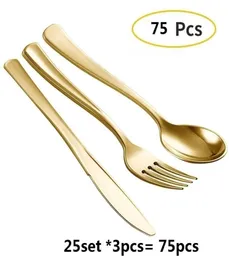 75pcs jednorazowe złoto sztućce plastikowe przyjęcie ślubne Zestaw stołowy Brązowy Złoty Knife Knife Fork Spoon Birthday Contact Set 206202441