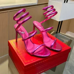 Rene Caovilla Cleo Rhinestones Sapılmış Stiletto Sandalet 9.5cm Kare Baş Yılan Strass Ayak Bileği Saraylı Stiletto Kadınlar Yüksek Topuklu Lüks Tasarımcı Ayakkabı Kutusu 43