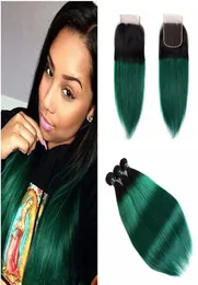 Tesse per capelli umani vergini brasiliani con chiusura in pizzo 1b Tessiture per capelli umani Ombre verde scuro con chiusura in pizzo Capelli lisci Extensi9915983