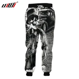 Calça de moletom masculina ujwi, calça de moletom casual com estampa legal, caveira 3d, para corrida, harem, masculina, comprimento total, calças fortes