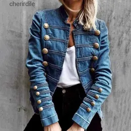 여자 자켓 재킷 여성 짧은 캐주얼 이중 브레스트 데님 버튼 업 긴 슬리브 단색 코트 플러스 크기 240301