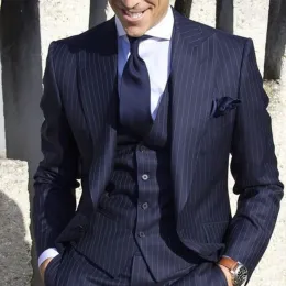 Suits Italian Elegant Men's Striped Suits Prom 3Piece (Jacket+Vest+Pants) Men Suit For Wedding Groomsmen Groom Terno Tailcoat Set