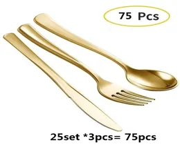 75 pezzi monouso in oro posate in plastica per feste di nozze Set da tavola in bronzo dorato, coltello, forchetta, cucchiaio, compleanno, stoviglie 203824121