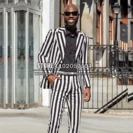 Suits TailorMade Men Suits Slim Fit White/Black Stripe Jacket+Pants 2 Pieces Summer Beach Groom Wear Blazer Smoking Business Tuxedo