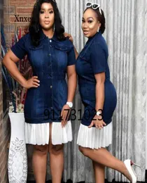 Ethnic Clothing Fashion Mini Pleated Dress Jeans African For Women 2021 Summer Sexy Short Sleeve Plus Size Denim Pencil Dresses Cl2460954
