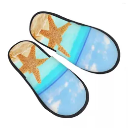 Slippers Men Women Plush Indoor Starfish And Shells On Sandy Beach Warm Soft Shoes Home Footwear Autumn Winter 2024