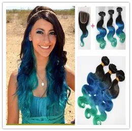 1BBlueTeal Malaysian Ombre Hair Bundles With 44 Body Wave Lace Closure 3Pcs Ombre Hair Weave With Closure Parting 4PcsLot5888930