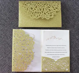 豪華なグリッターゴールドの結婚式の招待状透明な封筒パーソナライズされたインサートローズレーザーカッティングパーティーポケットInvitno InnoN1539472