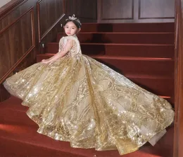 Gold Crystal Flower Girls Dress Pageant Dresses Ball Gown Beaded luxury Toddler Infant Clothes Little Kids Birthday Gowns 20226679935