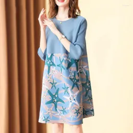 Casual Dresses Miyake Pleated And Stitched 3/4 Sleeve Slim Mid-length Starfish Print Dress Fashion Round Neck A-line Skirt In Summer