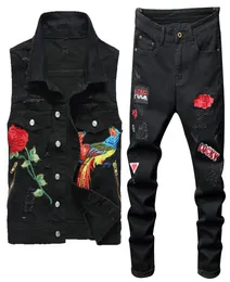 2021 frühling Schwarz Trainingsanzüge Männer 039s Rose Stickerei Loch Jeans Zwei Stücke Sets Drehen Unten Kragen Phoenix Blume Denim Weste RI9751385