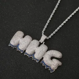 Nome personalizado letras de fundo azul pingentes colares zircão hip hop jóias com ouro prata 24 polegadas corda chain254p