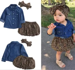 Baby-Mädchen-Kleidung, 3-teiliges Set, Kinder-Cowboy-Shirt, Leopardenmuster, Rock und Kopfschmuck, Anzüge für Kinder, passend für 15 Jahre