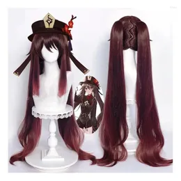 Parti Malzemeleri Damla Oyunu Genshin Etki Hutao Cosplay Wig Hu Tao Isıya Dayanıklı Sentetik Saç Perukları Cadılar Bayramı Anime Cap