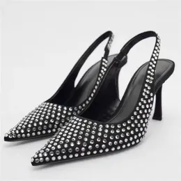 Dress Shoes Women Luxury Rhinestone High Heels Black Pointed Toe Pumps Female Shimmery Slingback Heeled Sandals 36 Size Special Price
