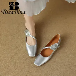 Casual Shoes RIZABINA Women Pumps Real Leather Low Heel Flat Elegant Flower Decorated Buckle Strap Slip On Wedding Party Handmade