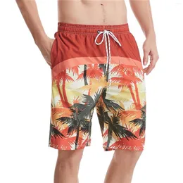 Men's Shorts Board Youth Stylish Tropical Plant Print Swimming Trunks Lace Up Drawstring Breeches Knee Swimsuit Trendy Beachwear