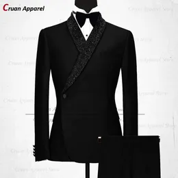 فاخرة رسمية زفاف أسود الرجال بدلة مجموعة رفيعة Fit Groomsmen العريس Tuxedo تصميمات بيضاء لامعة شال شال للسترة سراويل 2pcs 240221