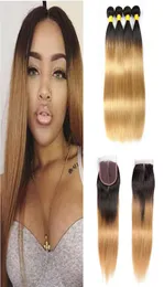 Brasileiro Reto Ombre Cabelo Humano Weave Bundles com Fechamento de Renda Dois Tons 1B27 Brasileiro Loiro Extensões de Cabelo Virgem Com C6759642