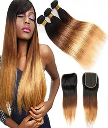 1B 4 27 OMBRE Blonde مستقيم عذراء برازيلية حزم مع إغلاق نسج 3 لهجة الشعر البشري 3 حزم مع 44 الدانتيل 5407035