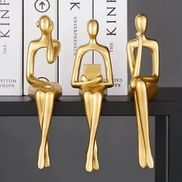 3pcs Abstract Figures Resin Statue Gold Thinker Sculpture Ornament Art Sitting Posture Character Statues Home Shelf Decorations 240228