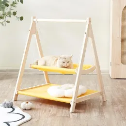 Tapetes interessantes camas para gatos de estimação, rede de dupla camada para gatos, gatinhos, estrutura de madeira, cama de balanço, área de descanso, lavável e desmontável