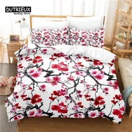 Set Floral Bedding Set, Red Flower Duvet Cover, 3D Bedding, Digital Printing, Queen Size, Fashion Design Sheer Curtains