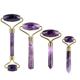 Roller Face Massager Jade Roller Natural Amethyst Stone Facial Massage Relax Tool Skin Care Eye Beauty Double Chin Lift Slim Device