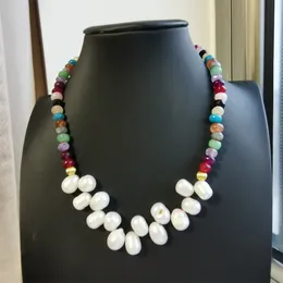 Ожерелье ручной работы, дизайн 5x8 мм, цепочка на шею ярких цветов с нефритом и белым пресноводным жемчугом, 45 см